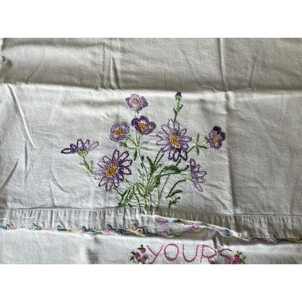 Vintage Lot 0f‎ 3 Mix Match Embroidered Crocheted Pillowcases + Dresser Scarf